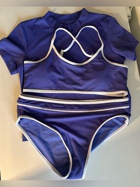 Purple Ribbed Two-Piece Bikini Set with White Trim